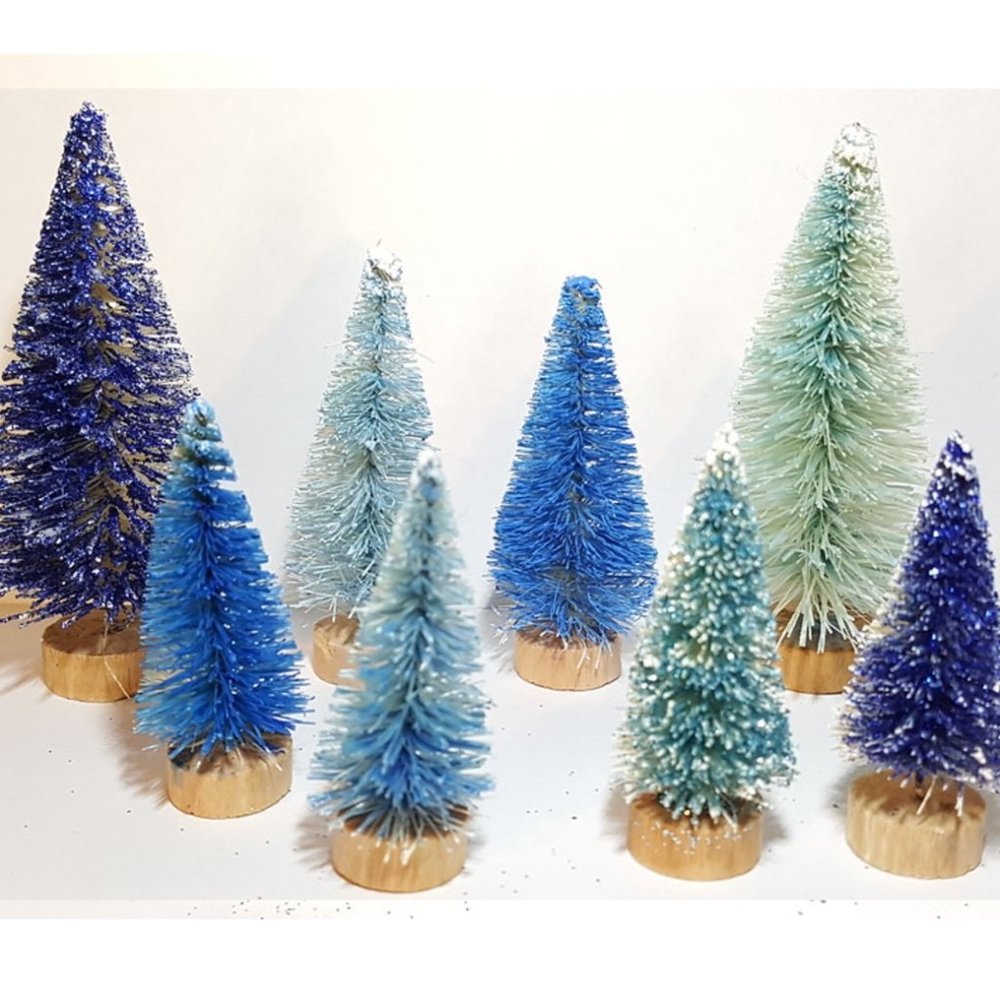 8pc Mini Assorted BLUE Sisal Bottle Brush Trees Xmas Christmas Decor Set